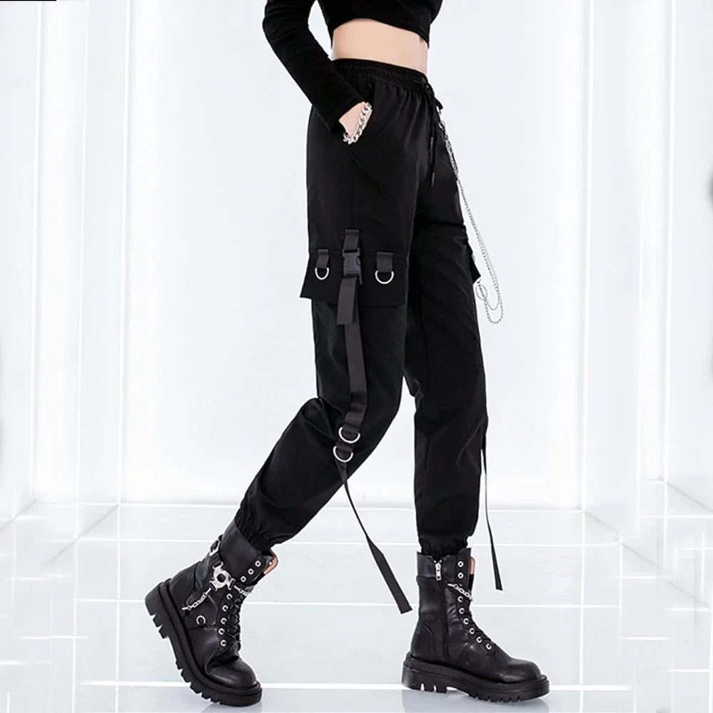 Cargo Pants with Chain for Women Loose Fit Techwear  Hip Hop Streetwear Joggers Trousers Female Black Sports Cargo Sweatpants