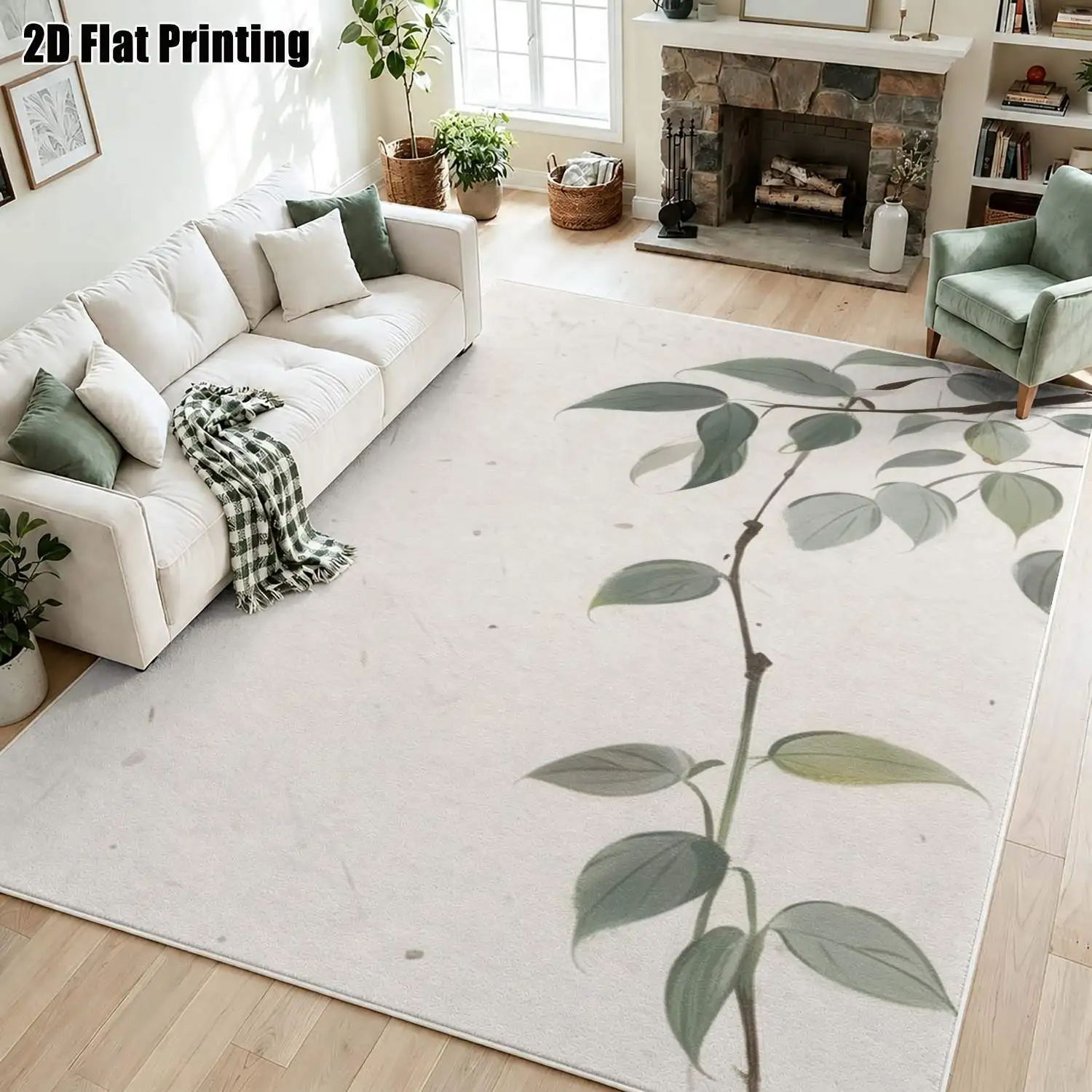 1Pc 2D Printed Velvet Carpet, Fresh Green Leaf&Branch Pattern, Nordic Modern Minimalist Instagram Style, Multi-Size Washable, Perfect for Home Decor, Entryway, Dining Room, Bedroom, Study, Living Room