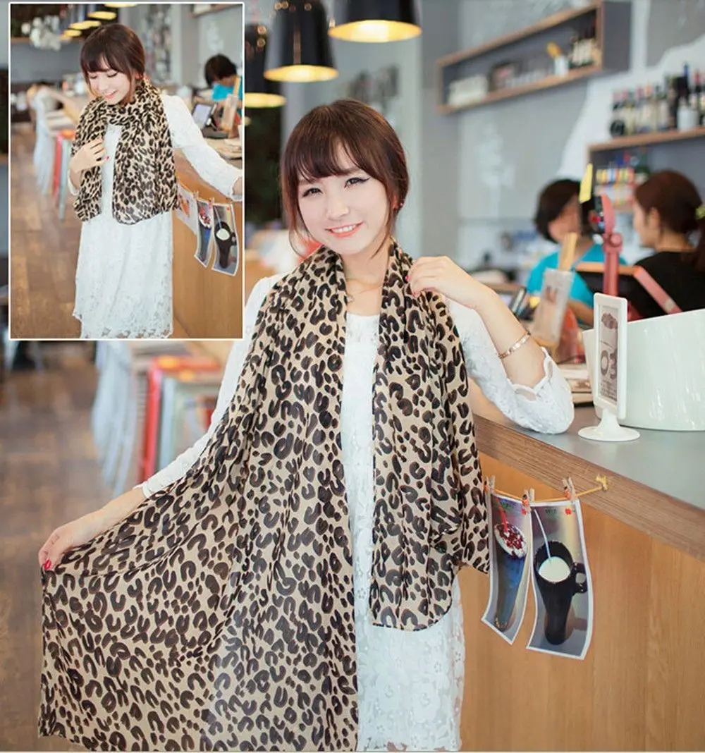 Hot 1PC Large Silk Soft Georgette Long Style Chiffon Stole Leopard Scarf Wrap Shawl Scarves