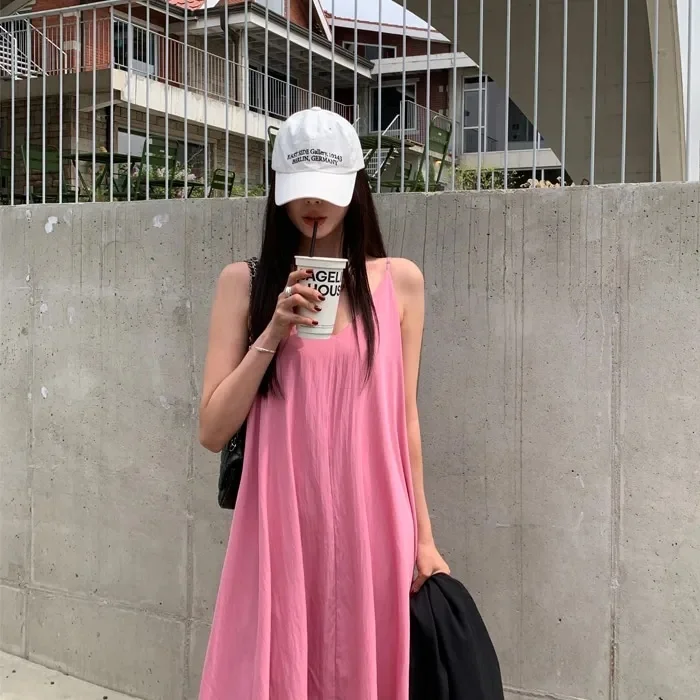 Korean Sle Summer Elegance V-Ne Sexy Bal Lazy Casual Vaion Vibes Strapl Dr High Waist A-Line Midi Dr