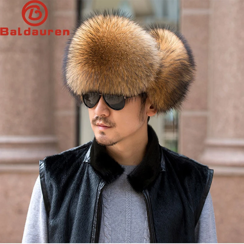 

Winter Men's 100% Real Silver Fox Fur Bomber Hat Raccoon Fur Ushanka Cap Trapper Russian Man Ski Hats Caps Real Leather