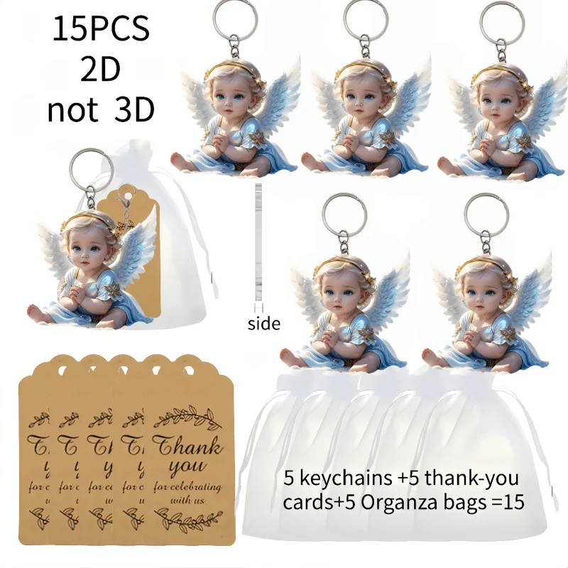 5Sets Creative Angel Keychain Including Acrylic 2D Pendants & Thank You Cards & Organza Bags Easter Themed Holiday Decorations