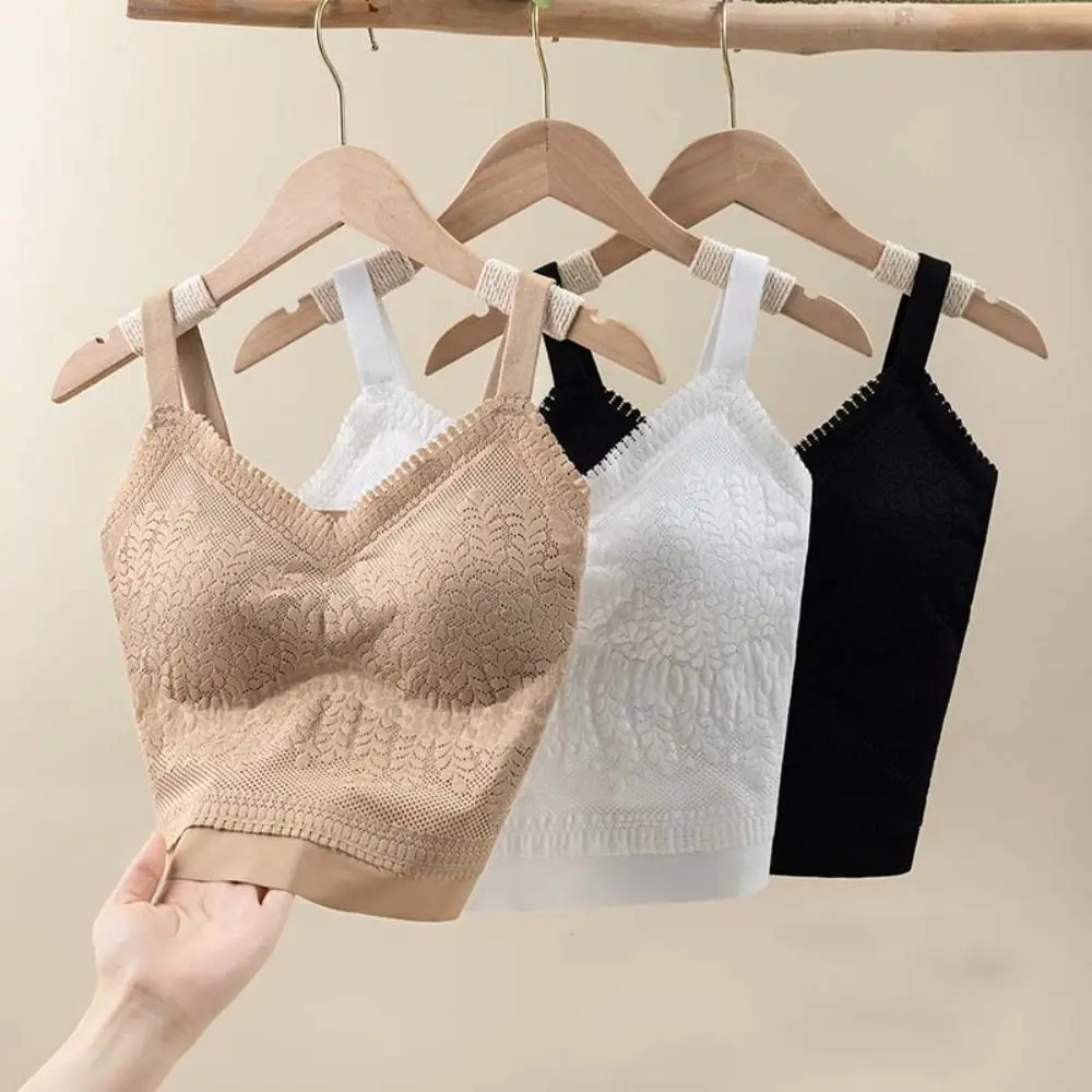 Leaf Bra with Pads Lace Vest Top Tank Top Solid Color Summer V-neck Slim Camisole Beauty Back Streetwear