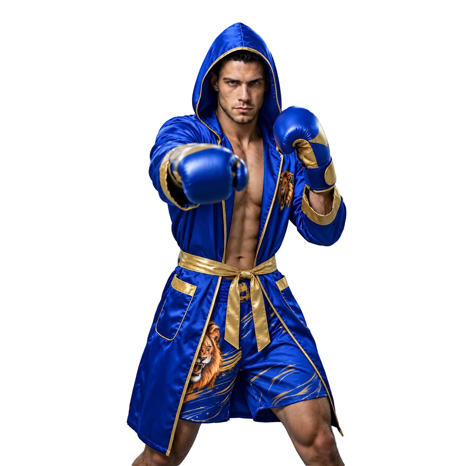 Men Satin Hooded Boxing Robe Shorts Set Lion Print Boxing Costume Kickboxing Muay Thai MMA Fight Outfit Competition Costume