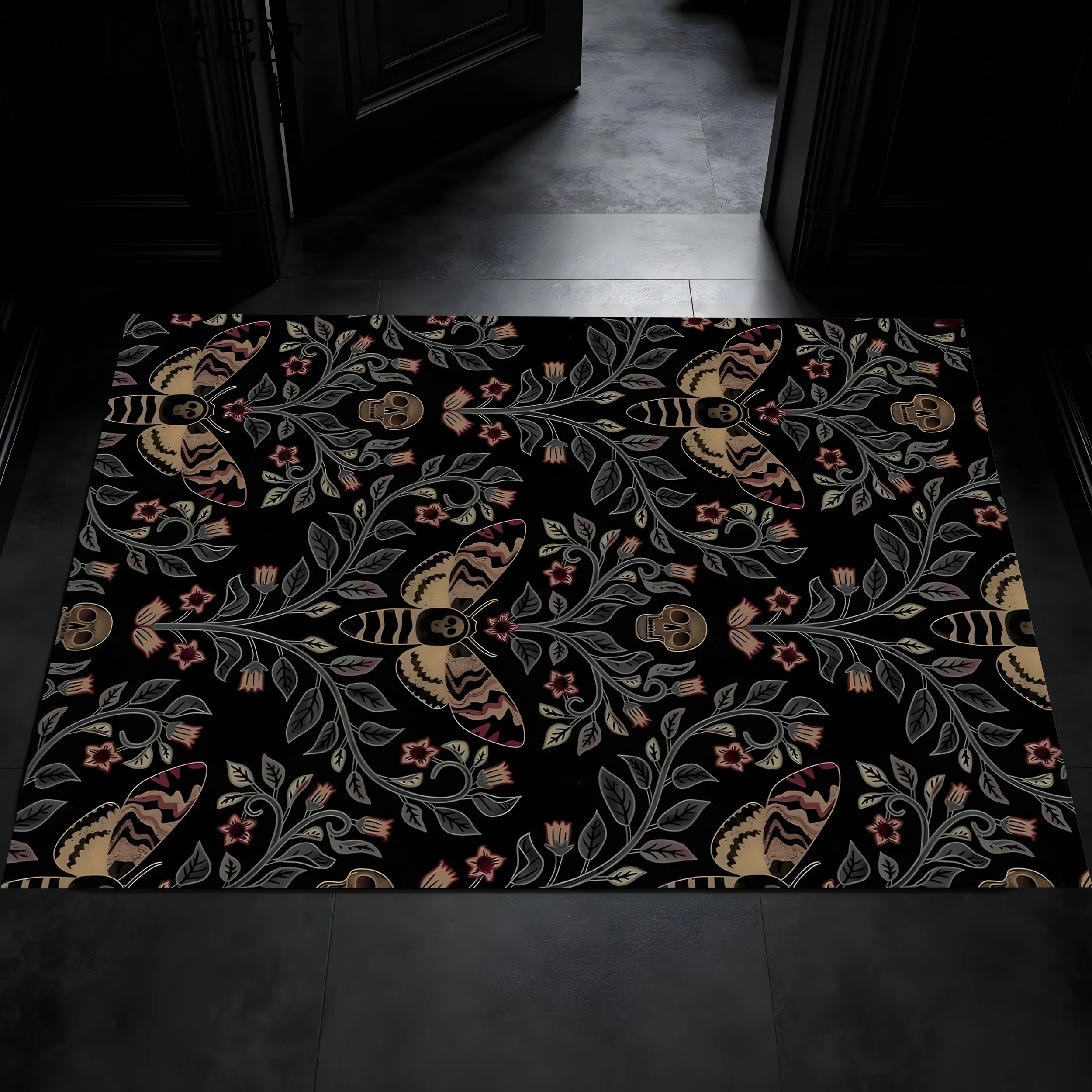 Moth Skull Flower Print Dark Gothic Halloween Velvet Rug for Entryway Bedroom Living Room Mysterious Decor