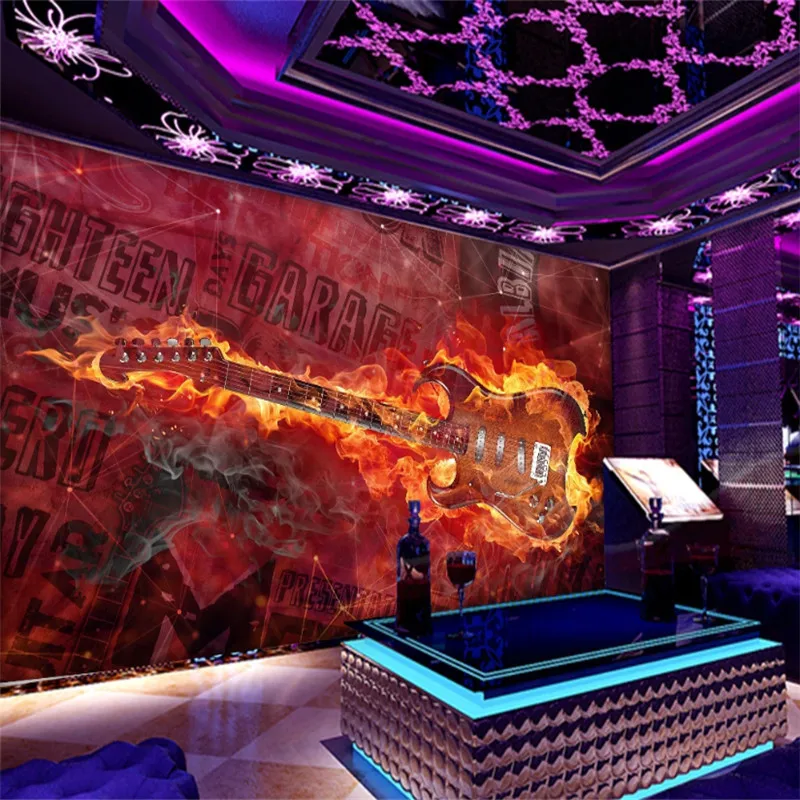 

Custom Crazy Personalized Graffiti Flame Guitar Wall Paper 3D Music Bar KTV Cool Industrial Decor Background Mural Wallpaper 3D