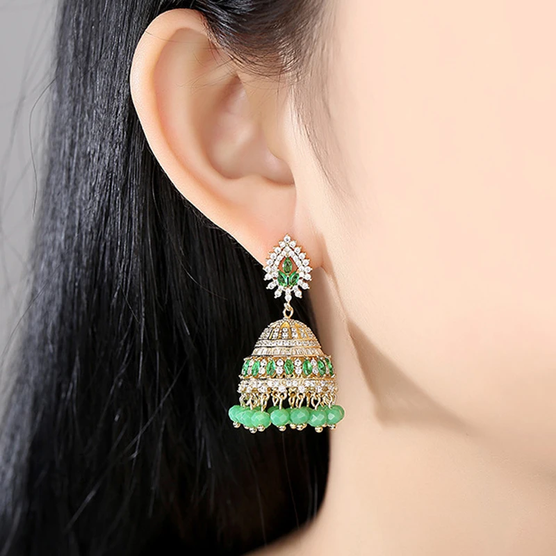 

Индийские серьги-колокольчики с кристаллами Jhumka, женские цыганские этнические бусины, висячие серьги с цирконием, Jumki, модные ювелирные изделия в Болливуде, этнические