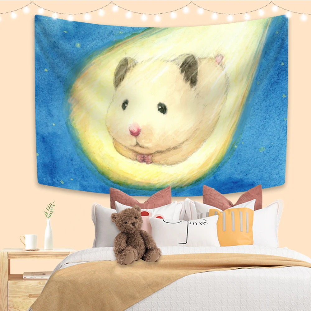 Kawaii Hamster Anime Tapestry Cute Animal Printed Wall Hanging Home Decoration Dormitory Background Cloth Sofa Blanket