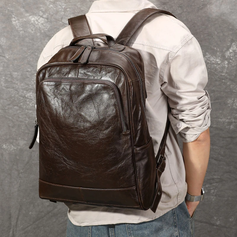 

Top Cowhide Leather Men's Backpack, Simple Genuine Leather Laptop Computer Bag, Casual Business Travel Daypack for Men