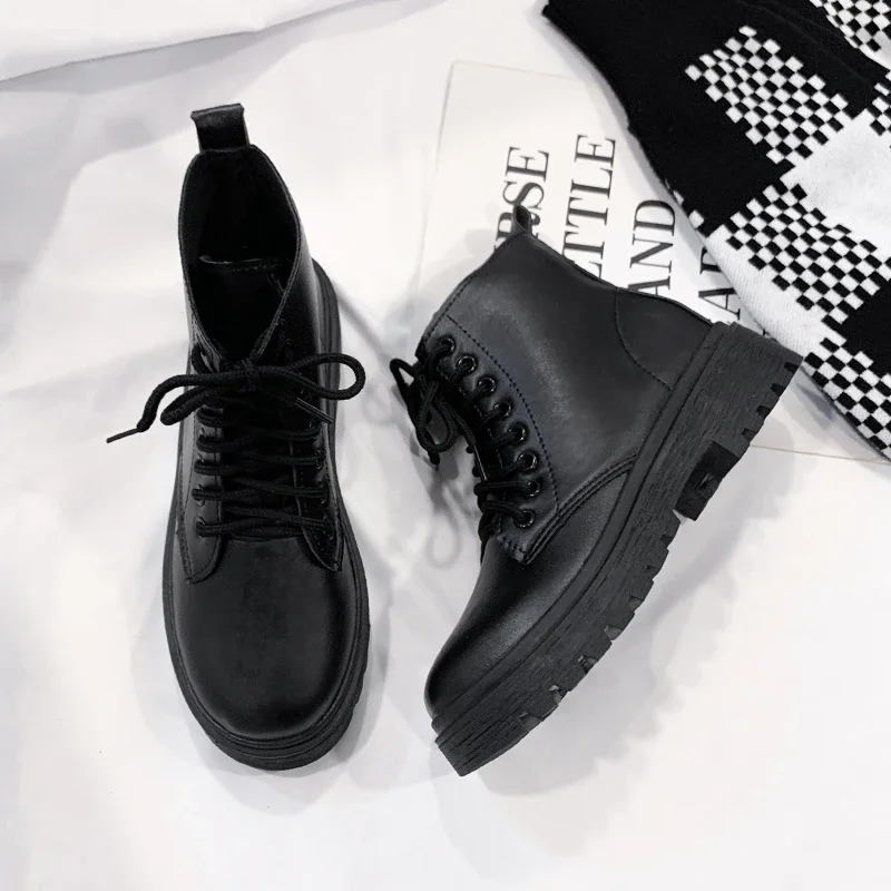 Size 42 Women Motorcycle Ankle Boots Wedges Female Lace Up Platforms Black Shoes Woman Botas Mujer