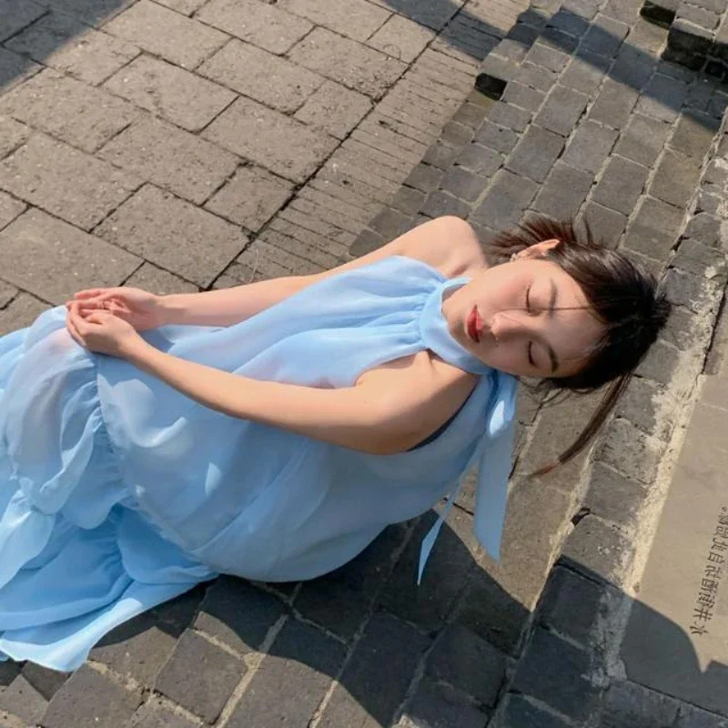 Französische elegante Damen-Sommermode 2025, neues ärmelloses, trägerloses, mit Schleife, blauer langer Rock, Kawaii-Weste-Abschlussballkleid