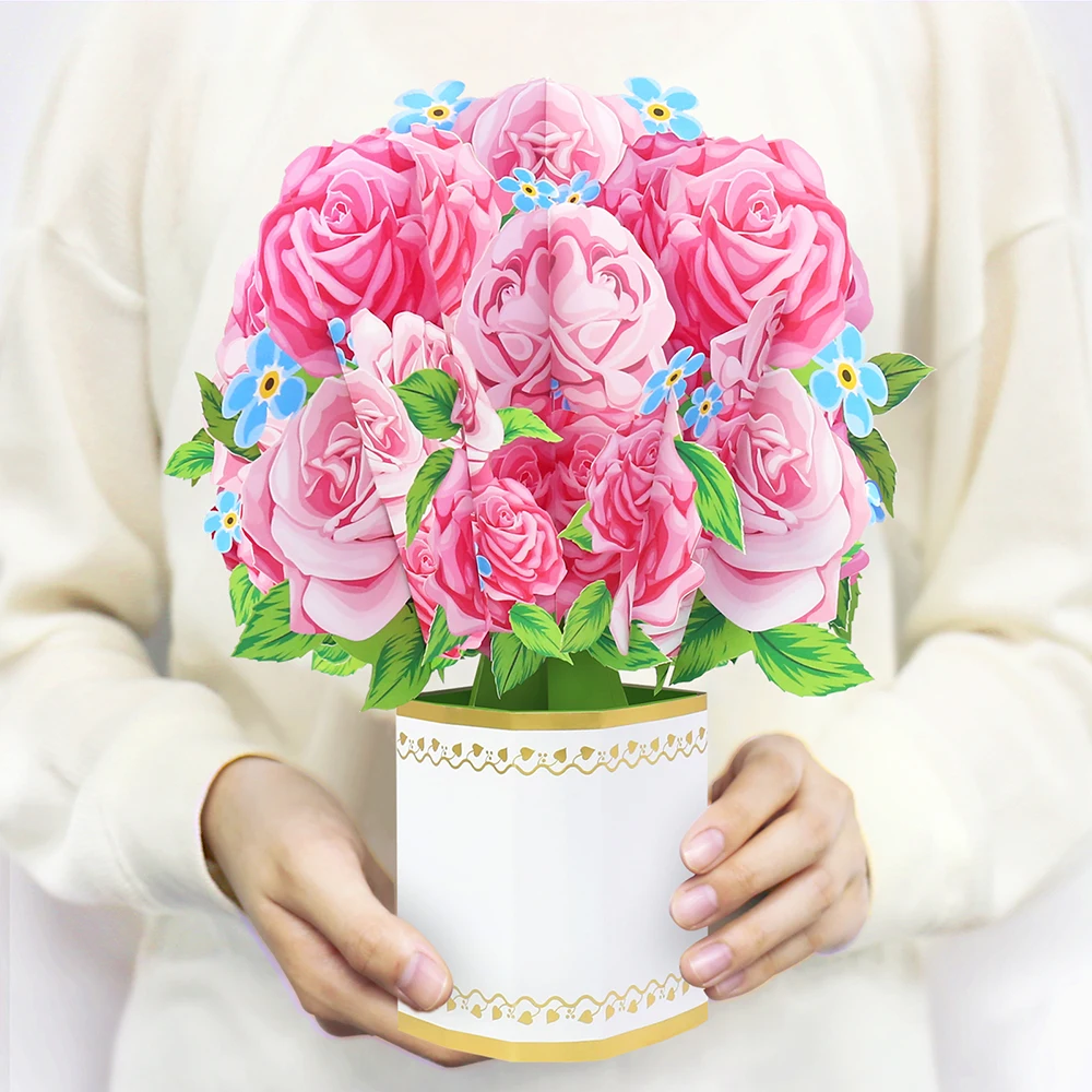 3D Rosa Rose im Topf Grußkarte, Geschenk für Sie, Partykarte, Geburtstagsdekoration, Geeignet für Liebste, zum Muttertag, Muttertagsparty, für die wichtigste Person in Ihrem Leben.