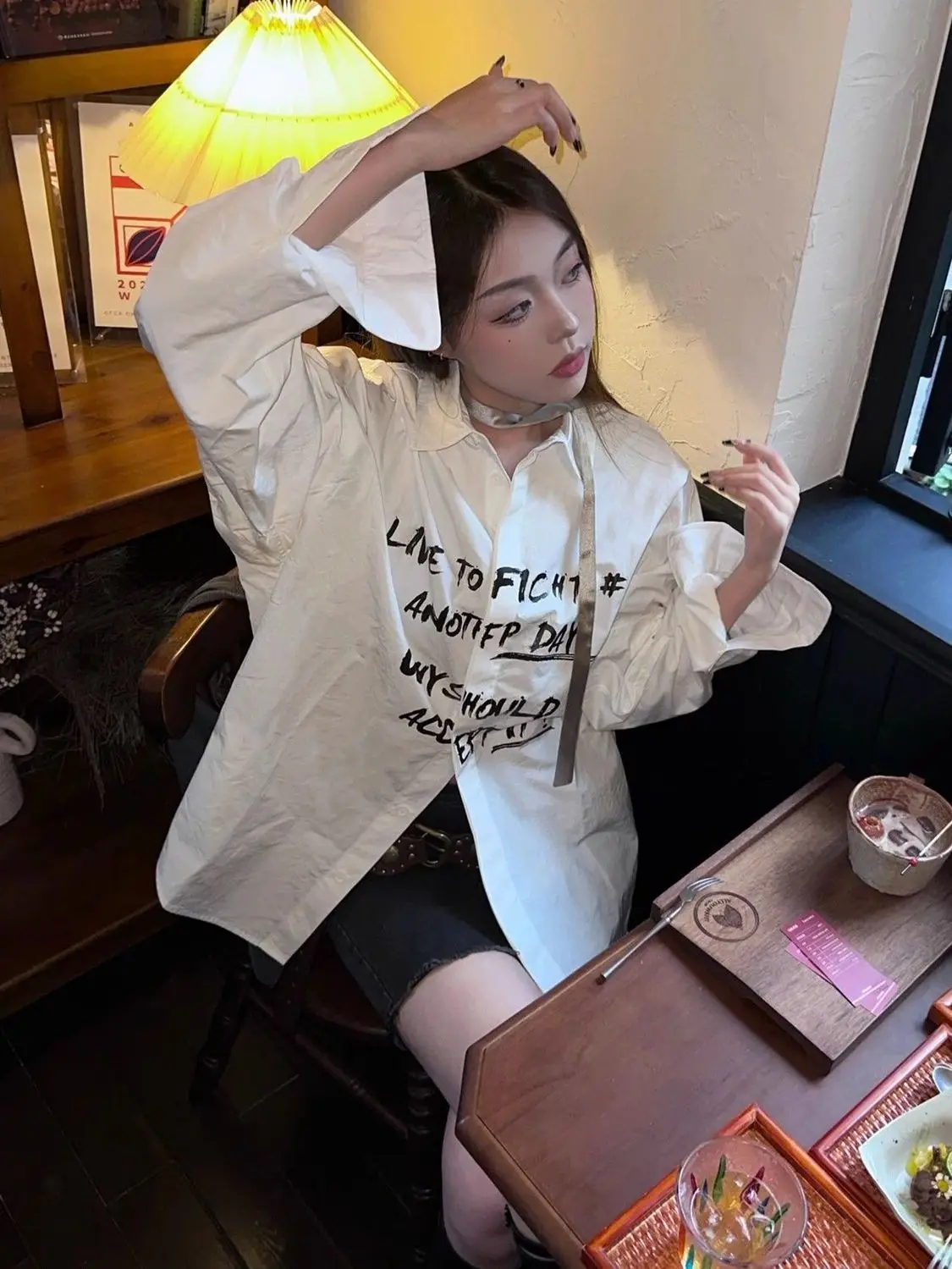 2024 Autumn Streetwear Long Sleeve Women White Shirt Blouse Harajuku Letter Printing Button Up Oversize Tops Y2K Female Clothing