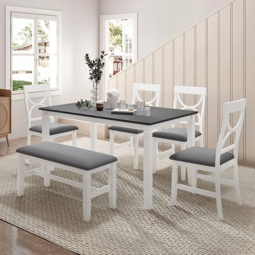 

6 Piece Dining Room Table Set for 6 with Bench and Chairs Kitchen Dining Set with Table and Upholstered Bench and Chairs