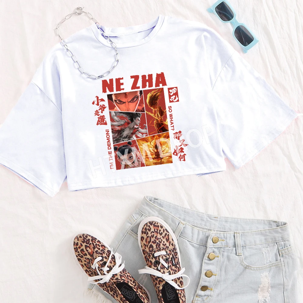 Ne Zha Nezha Comic NeZha 2 Meninas O-pescoço Casual Mulheres Camisas Crop