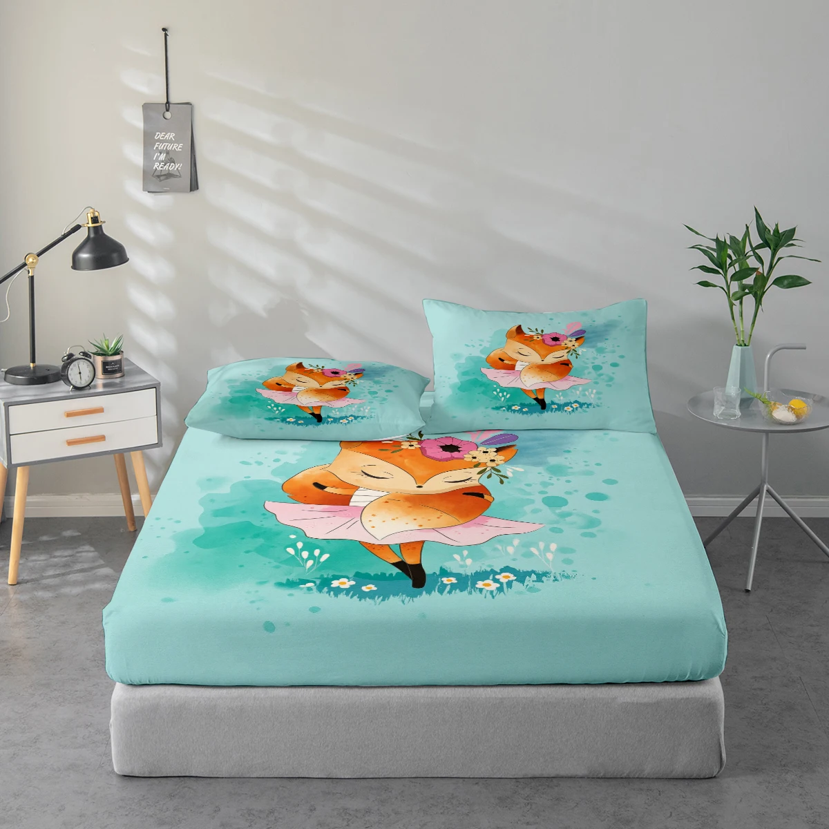 Forest Ballet Little Fox Printed Pattern Bed Sheet Set, Mattress Protector and Pillowcase Combination, High-Definition Printed Bed Sheet Set Includes 1 Bed Sheet + 1 or 2 Pillowcases (60*100cm and 72*132cm Are 1 Pillowcase, the Rest of the Sizes Are 2 Pillowcases). Suitable for Bedroom and Guest Room, Ultra-Soft Polyester Bedding, Machine Washable, Can Be Used in All Seasons