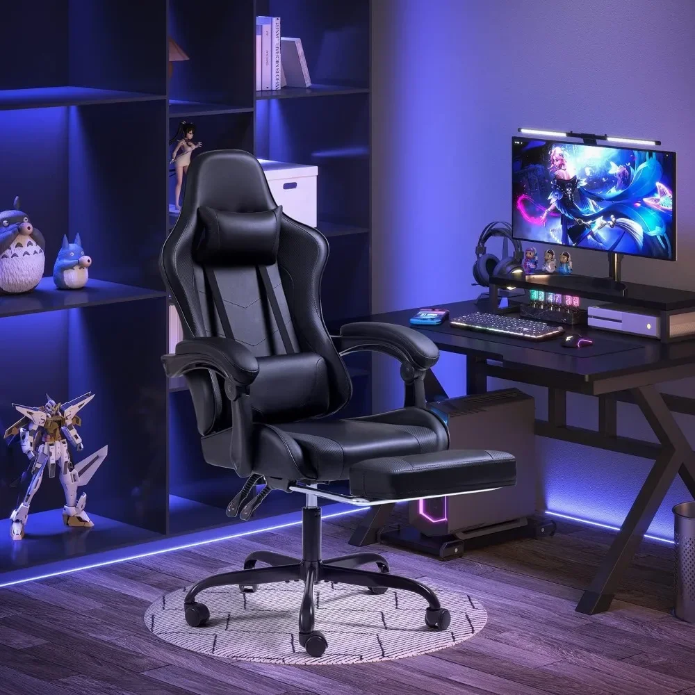 Silla Gaming con reposapiés y soporte Lumbar de masaje, Asiento de Carreras de vídeo, altura ajustable con giratorio de 360 ° y reposacabezas, negro