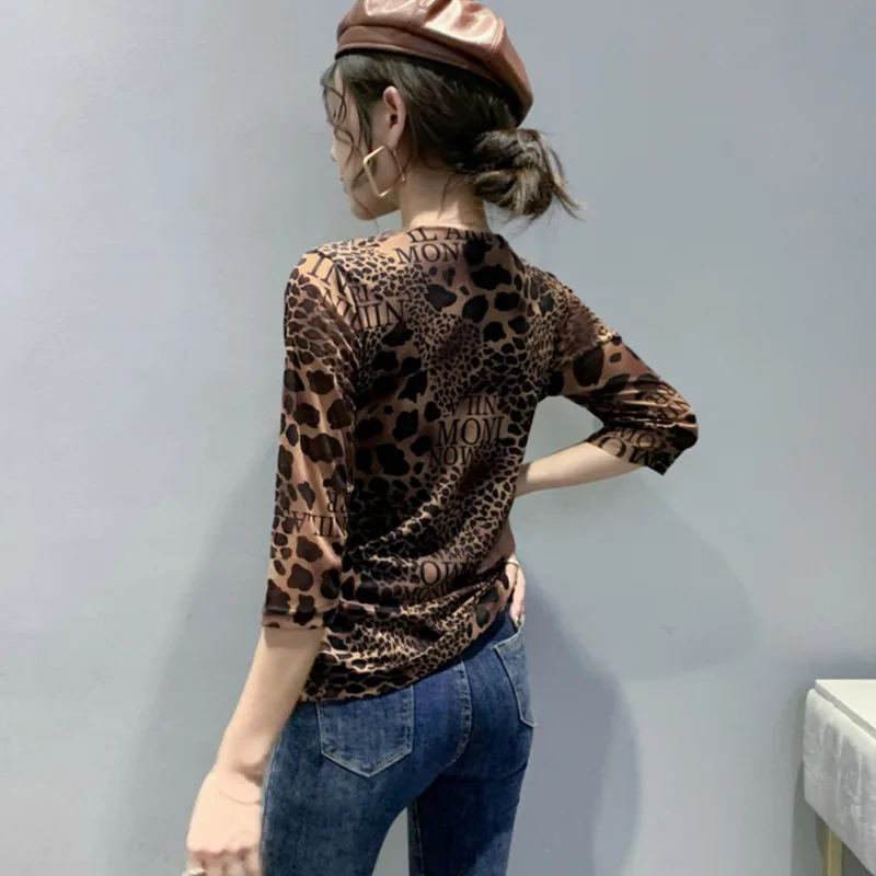 #8022 Sexy Leopard T Shirt Women V Neck Wrap T Shirt Femme Half Sleeves Vintage Tee Shirt Femme Thin Sexy Spliced Gauze S-3XL