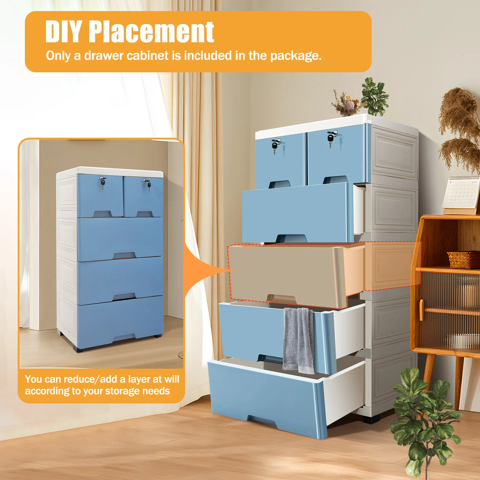 6 Drawers Dresser Vertical Cupboard Cabinet Storage with 4 Wheels Locker Keys for Closets Bedrooms Nurseries Playrooms Office