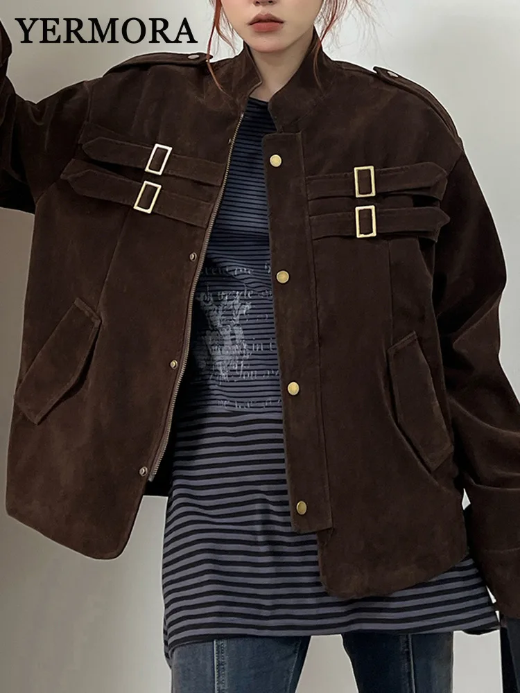 

YERMORA Coffee Leatherette Zipper Vintage Jacket For Women Stand Collar Long Sleeve Loose New Coat Fashion Tide Autumn 2025