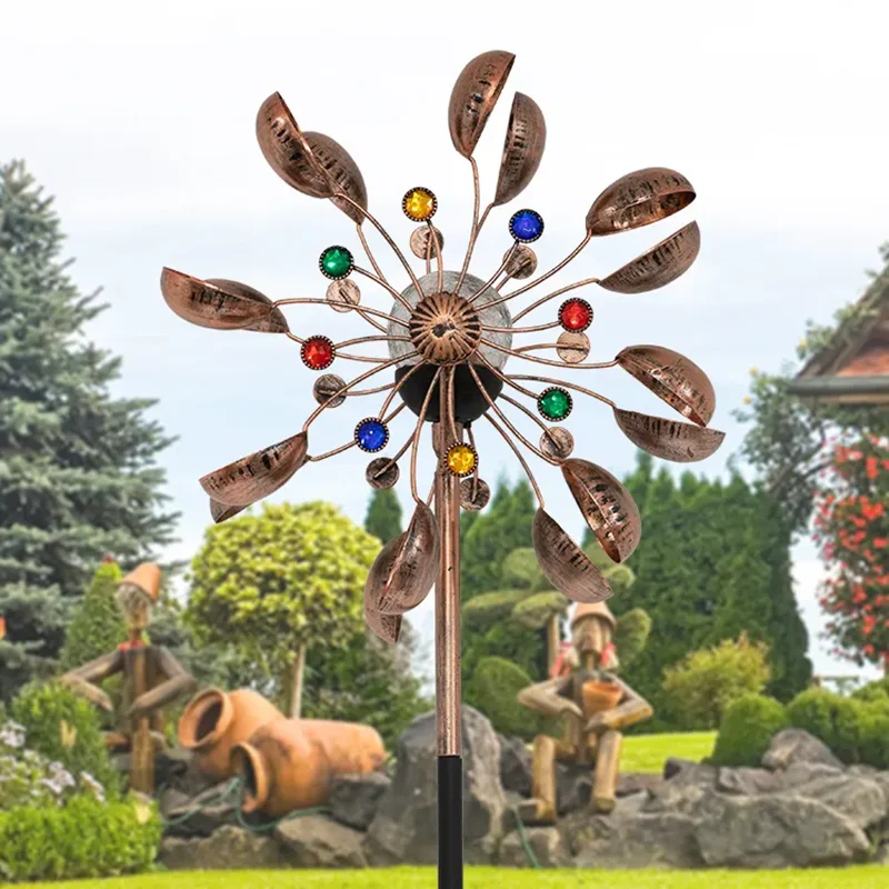 Outdoor Metal Windmills Garden Ornament Solar Led Light With 360 Degree Rotation Iron Wind Spinner Decor Garden