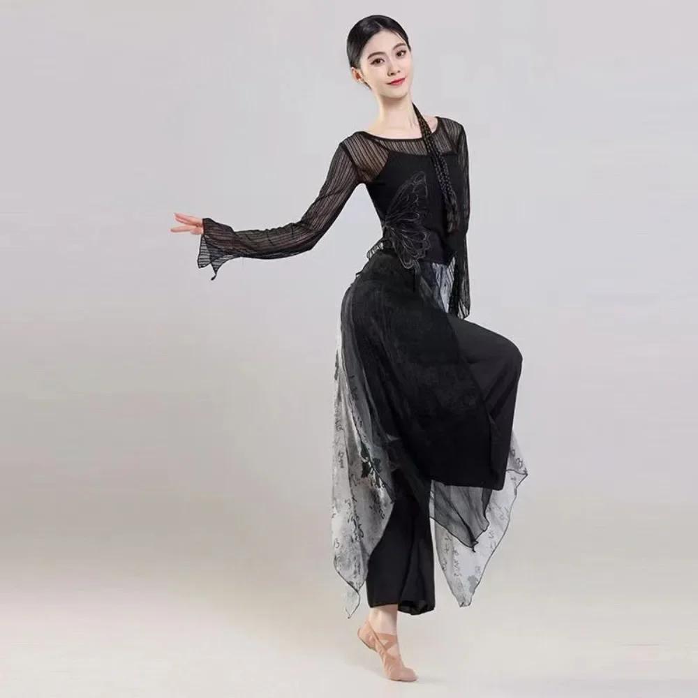 ชุดเต้นศิลปะการต่อสู้แบบจีนโบราณ ลายภาพวาดสีน้ำหมึก สีดำ สำหรับผู้หญิง ใช้สำหรับฝึกซ้อมและการแสดงบนเวที