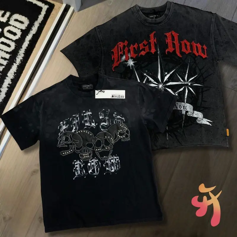 

Hot Stamping Diamond Star Leather Embroidered Skull FIRST ROW Tshirt Retro Black Round Neck Short Sleeve Men Women Tops