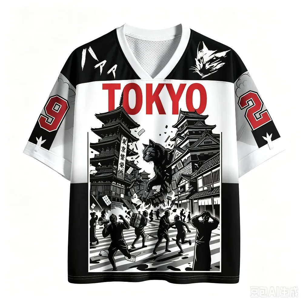 Retro Tokyo Riesige Schwarze Katze 3D-Druck Feuchtigkeitsableitendes V-Ausschnitt T-Shirt für Männer und Frauen, Modische Streetwear für Eltern und Kinder – Detail 8