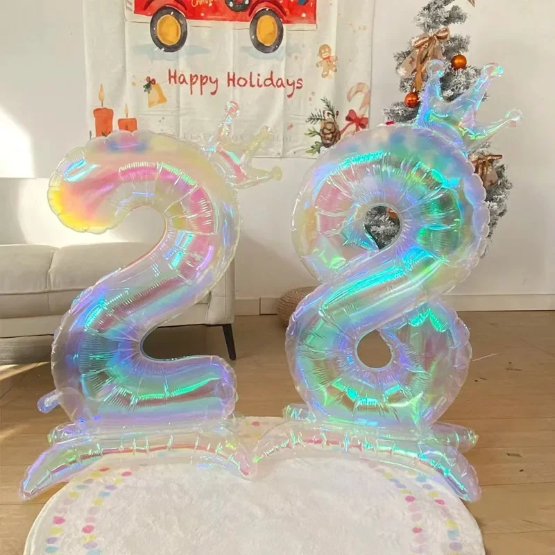 32 Inch Transparent Colorful Crown Digital Aluminum Film Balloon with Base Happy Birthday Party Decor Kids Adults Baby Shower