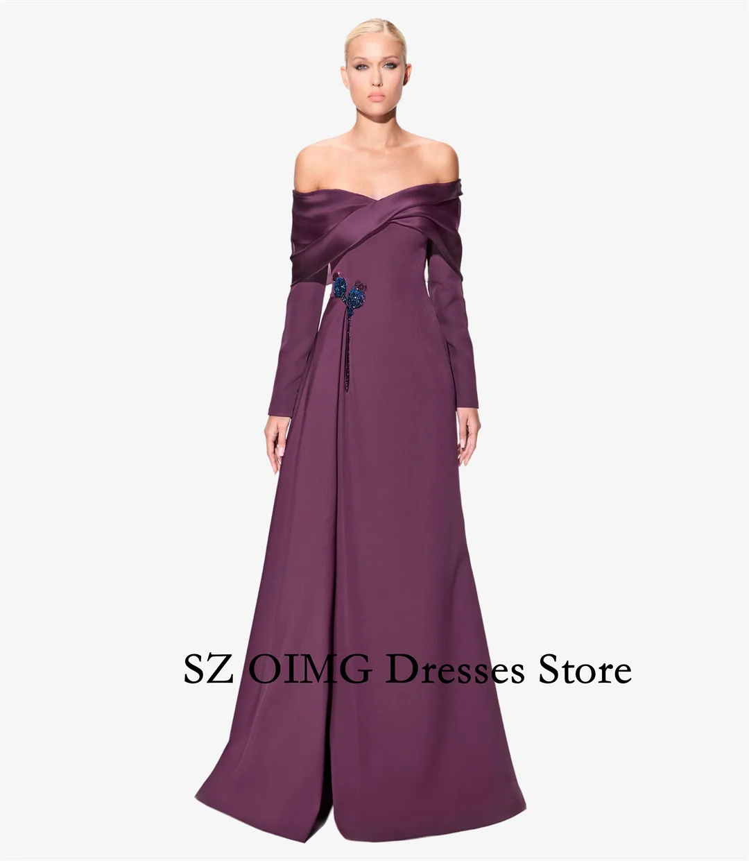 

Colavis Off- Shoulder Asymmetric Crepe Statin Purple Dress Party Dress Ruched Long Sleeves A-Line Prom Dress Gowns Customized