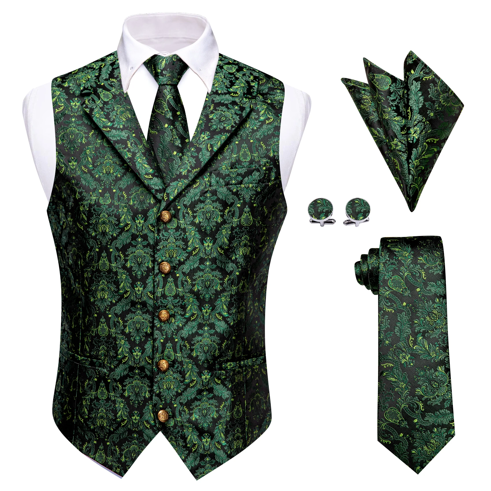 Chaleco Hombre Green Retro Vest for Man Business Party Classic 5 Buttons Luxury Waistcoat Men Necktie Pocket Square Cufflink Set