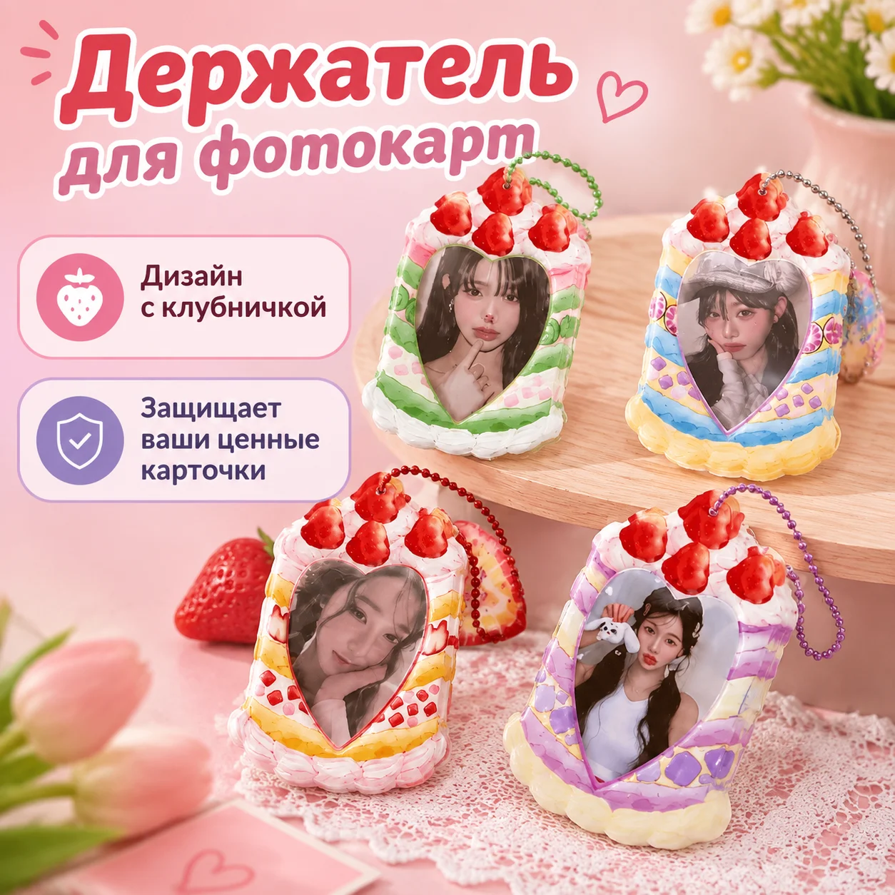 Милое 3-дюймовое брелок-хранилище для фото карточек в виде клубники для Kpop-фотокарт