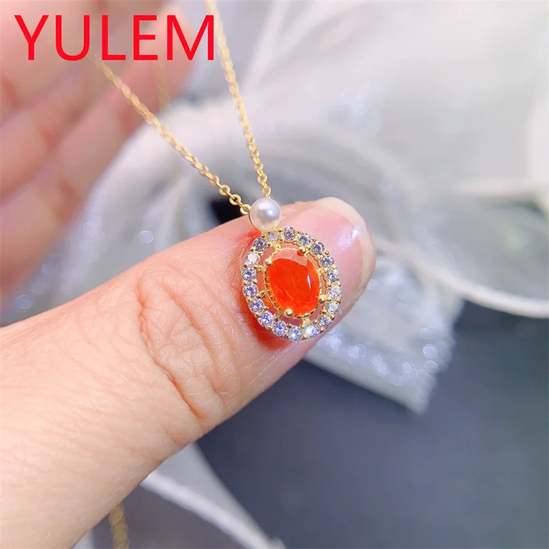 Elegant Natural Orange Opal Pendant 925 Silver Sterling Gemstone Oval 5*7mm Necklace for Women Party Birthday Jewelry Gif