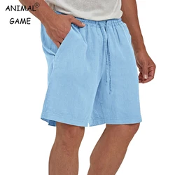 Summer Mens Linen Elastic Shorts Lightweight Cotton Trousers Pockets Breathable Beach Pants Fitness Sweatwear Shorts Men