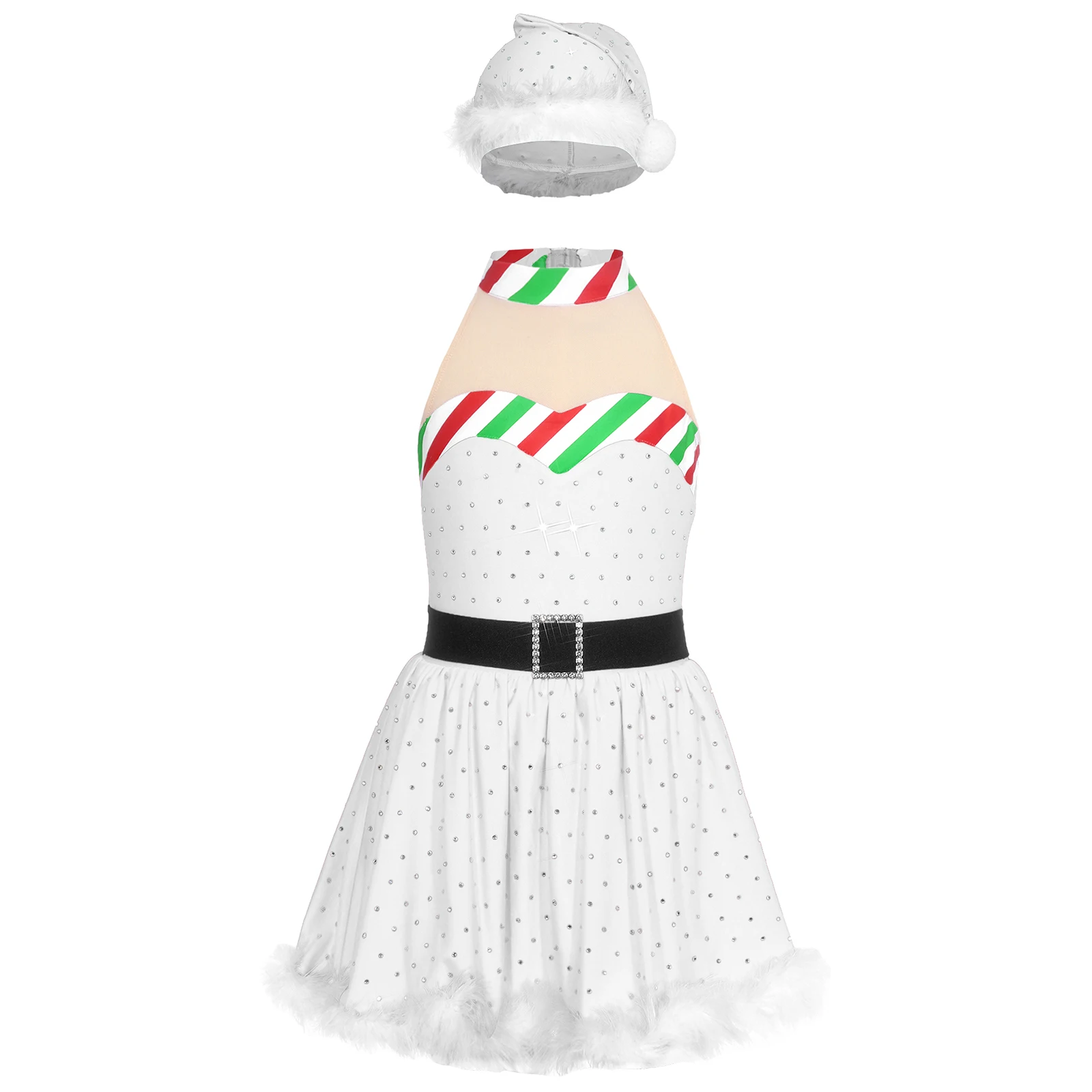 الأطفال الفتيات عيد الميلاد سانتا كلوز قزم ثلج تأثيري فستان لامعة الراين الباليه الرقص التزلج يوتار توتو مع قبعة عيد الميلاد #2
