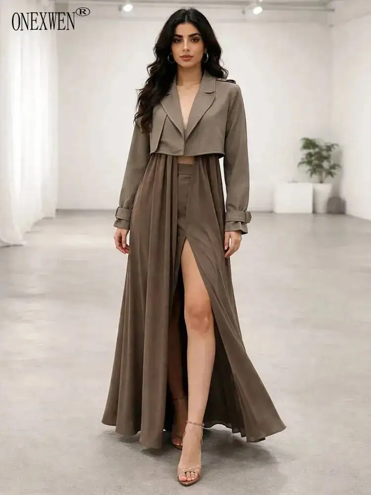 ONEXWEN Women's Brown 2-Piece Trench Coat Suit Blazer Top With Sheer Chiffon Maxi Skirt And High Waist Shorts ZM5306