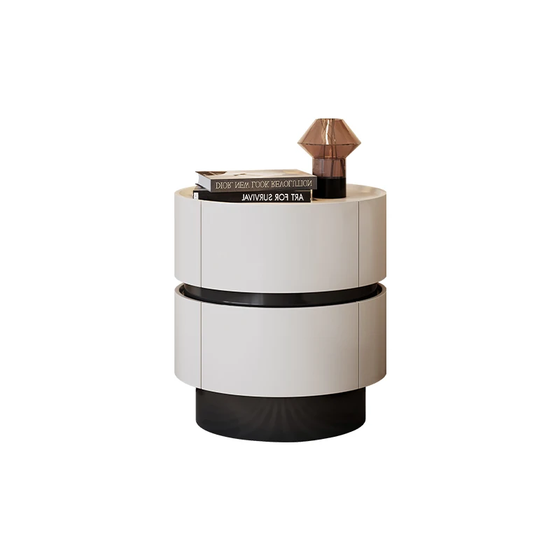 #Luxury Round 2-Tier Nightstand, Black & White Two-Tone Hidden Handle Spray Paint Bedside Storage Cabinet