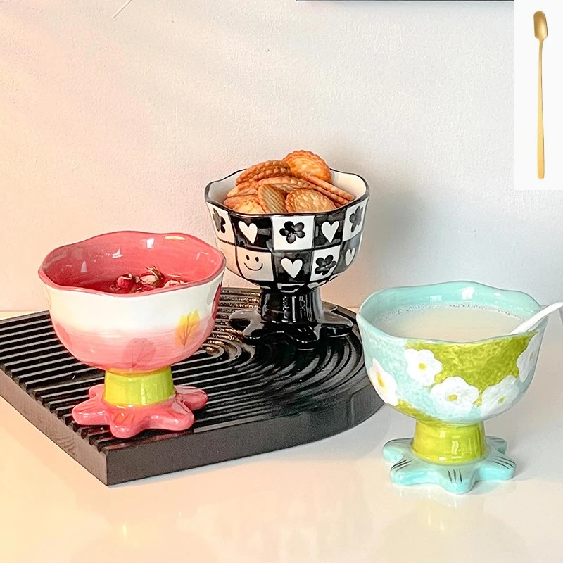 Hand Drawn Tulip Highfoot Cups, Creative and Cute Ceramic Mug, Girls' High-value Coffee Mugs, Birthday Gift Tea Cup, Kawaii Cup