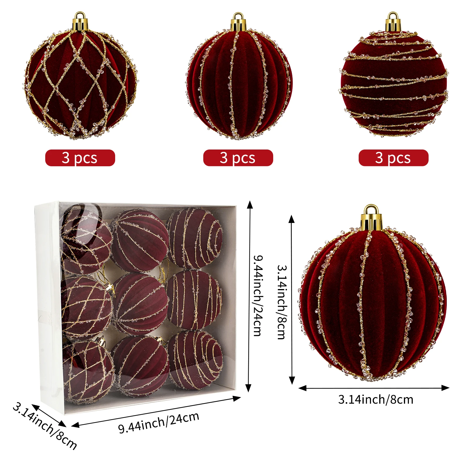 9 قطع من كرات زينة عيد الميلاد باللون الأحمر القرمزي، مصنوعة من مادة قطيفة، مناسبة لتزيين أشجار عيد الميلاد