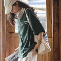Maden Women's Oversized Polo Shirt Green White Color Block Drop Shoulder Short Sleeve Cotton Summer Casual Top - Image 5