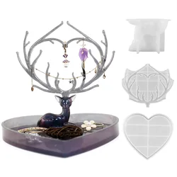 DIY Plate Resin Mold Heart Shape Deer with Antlers Tray Mold Silicone Casting for Making Jewelry Container Storage Arts Supplies
