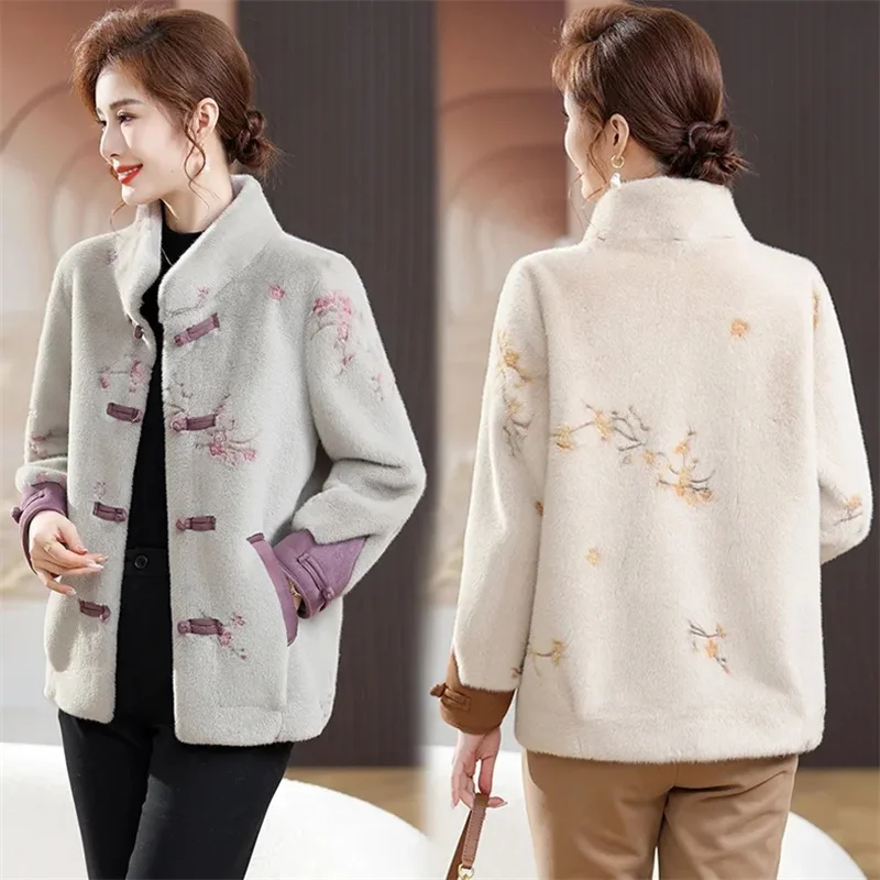 Veste en fourrure à simple boutonnage pour femme, manteau en laine de velours de vison, vêtements d'extérieur en fourrure haut de gamme, style chinois élégant, hiver, nouveau, 2024