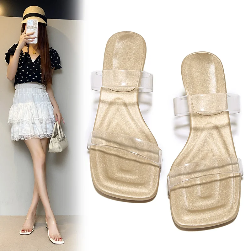 

Элегантные летние сандалии во французском стиле с прозрачными ремешками для улицы, новинка 2026 года, на среднем тонком каблуке, с одним ремешком