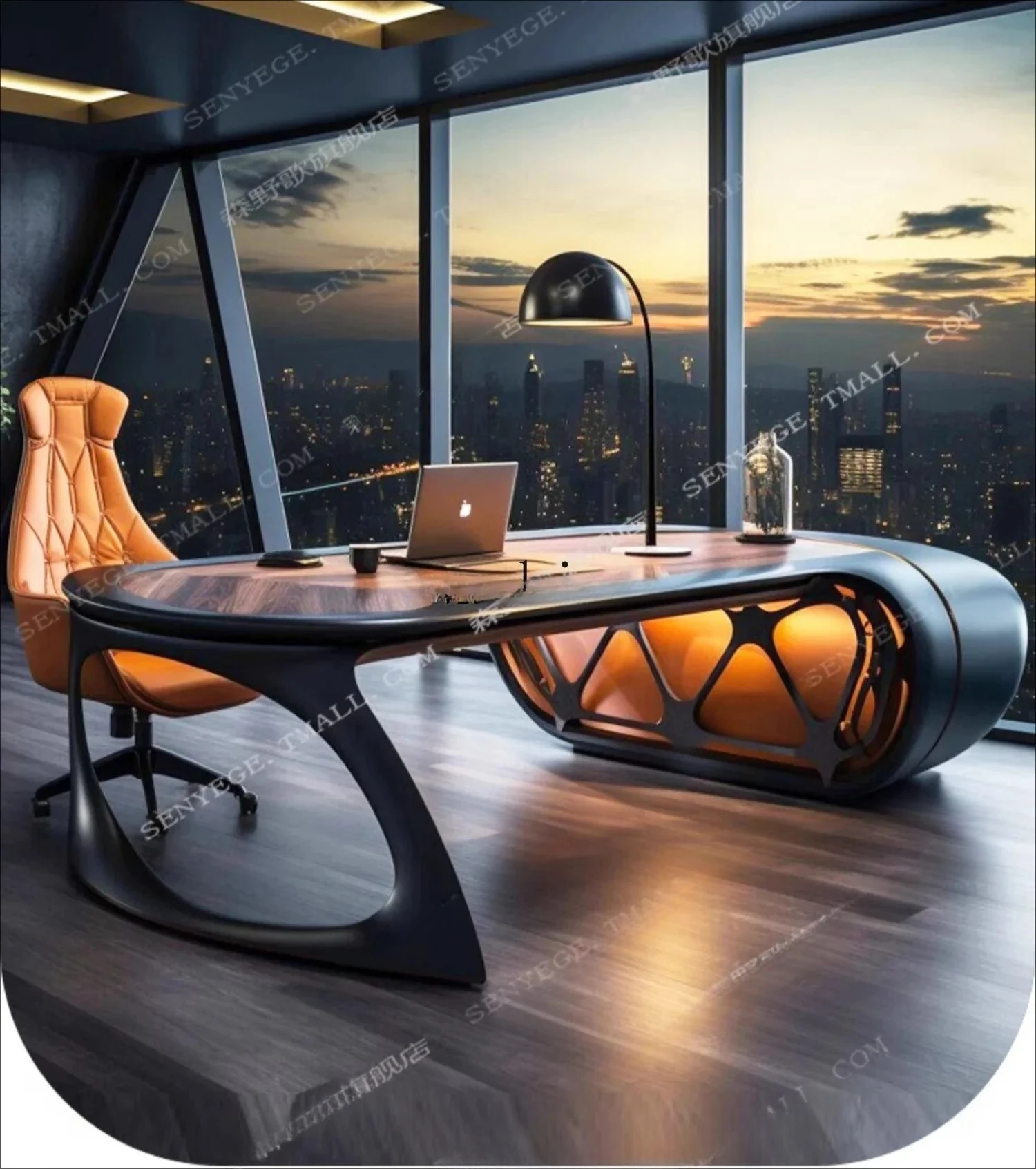 Tech boss table, black L-shaped desk, modern creative boss table