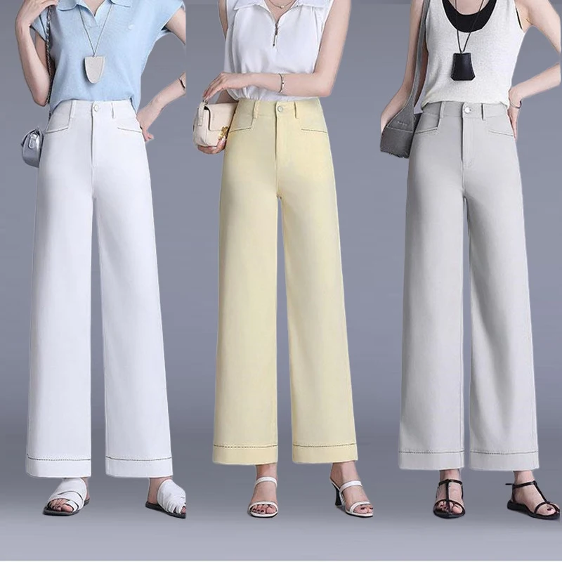 

Женские джинсы с широкими штанинами из мягкого денима, летние тонкие брюки длиной 7/8, с высокой талией, свободного кроя, драпированные, прямые брюки для невысоких женщин