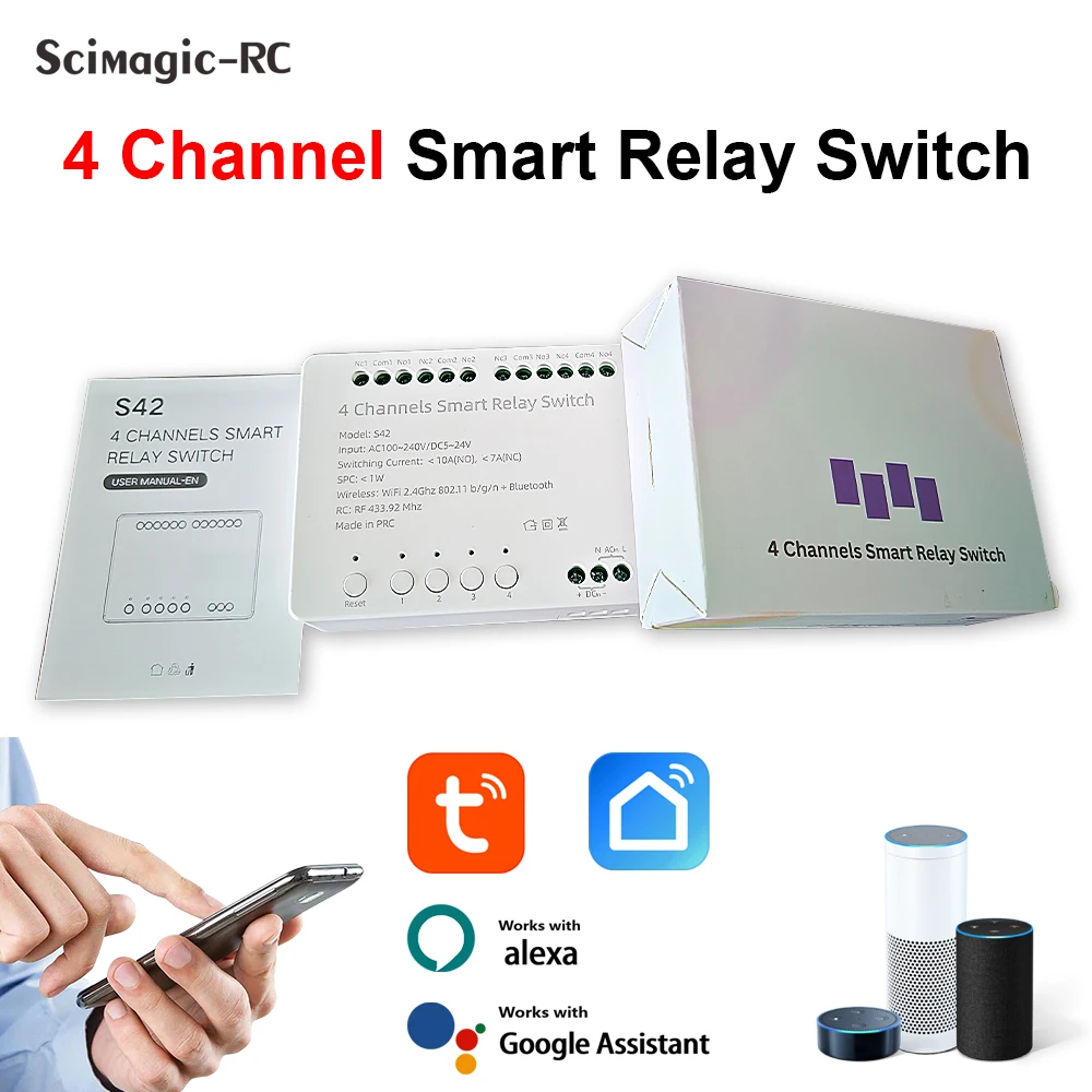 

Tuya wifi 4 Channels Smart Relay Switch AC 100-240V /DC 5-24V with Alexa Voice ,Timing,One-touch full on/off Function