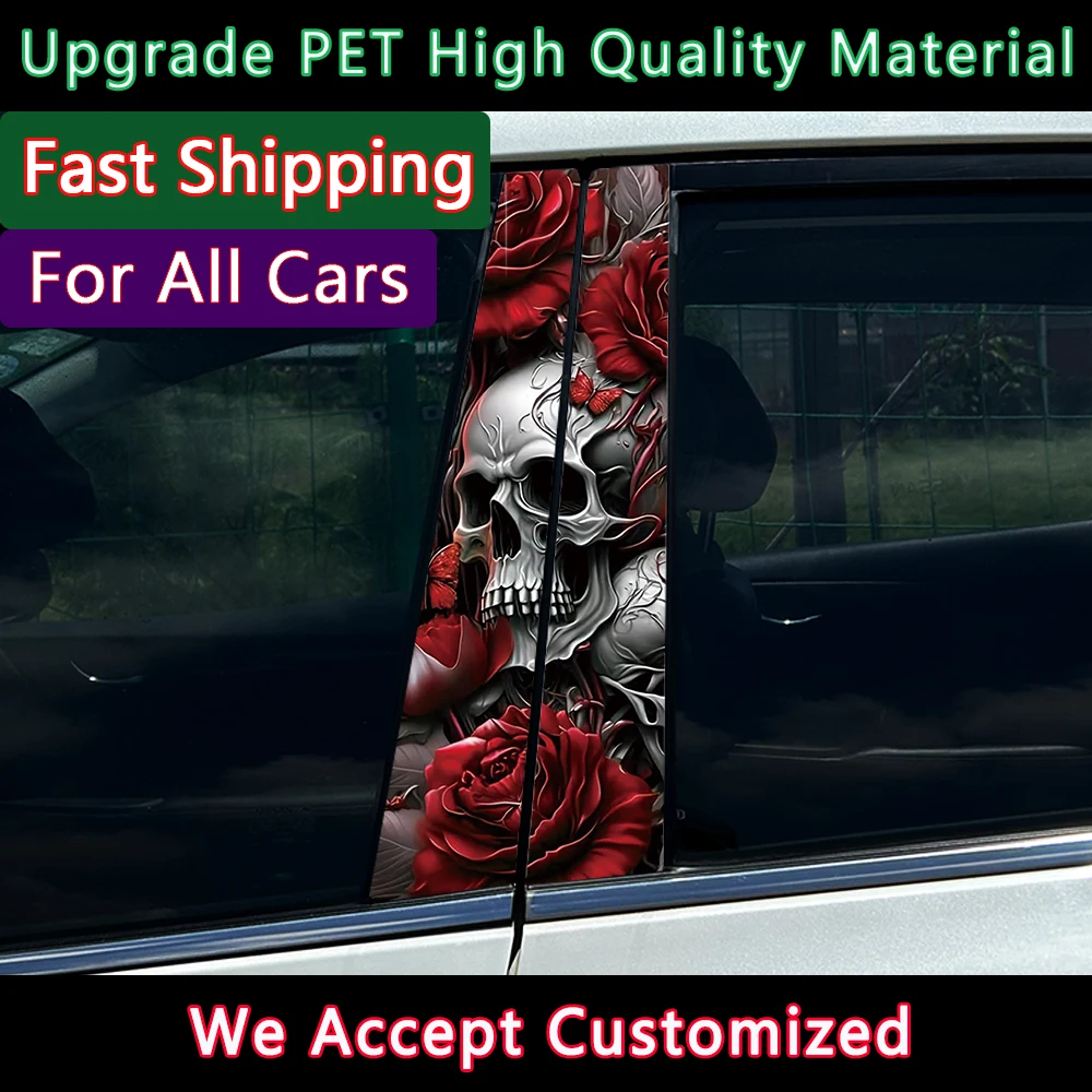 Skeleton Skull And Rose Car B-pillar Stickers Car Center Column Decoration Cover Scratches Waterproof Decals Car Accessories