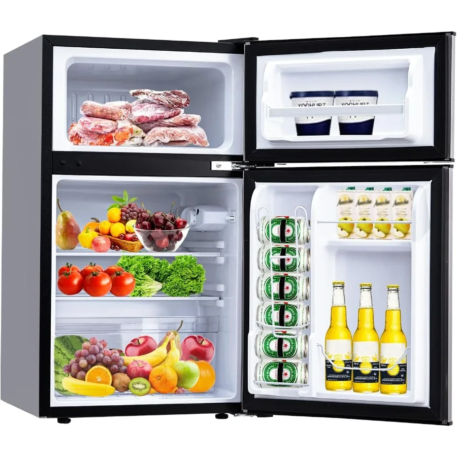 

3.2 Cu.Ft 90L Mini Fridge With Freezer Stainless Steel Compact Refrigerator With Adjustable Thermostat Removable Shelves LED Li