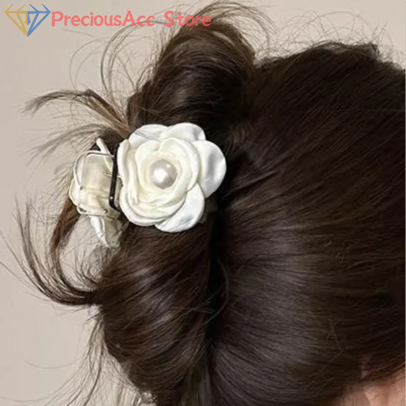 مشبك شعر على شكل زهرة الورد الأبيض للنساء والفتيات، حلية شعر حلوة أنيقة، رأس خلفي، مشبك شعر على شكل زهور، دبوس شعر أنيق، إكسسوارات للشعر