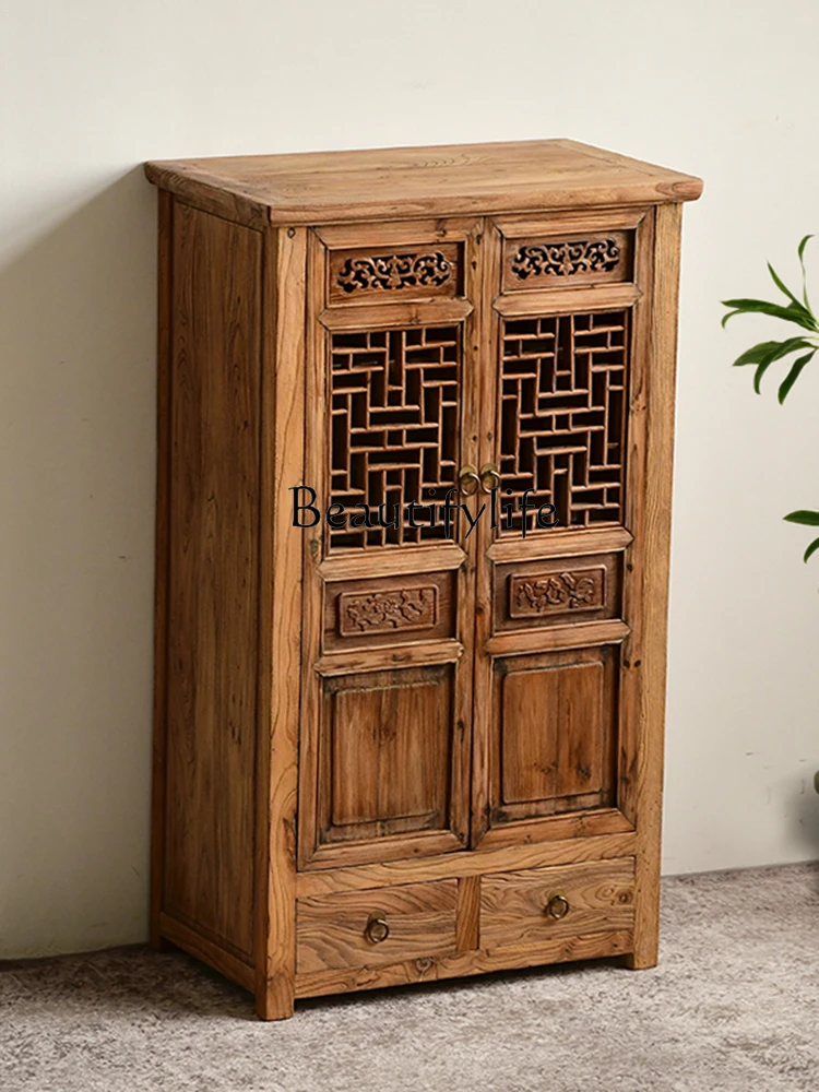 Solid Wood Sideboard Cabinet Old Elm Locker Old Wood Storage Cabinet in Chinese Antique Style Tea Room Tea Side Cabinet